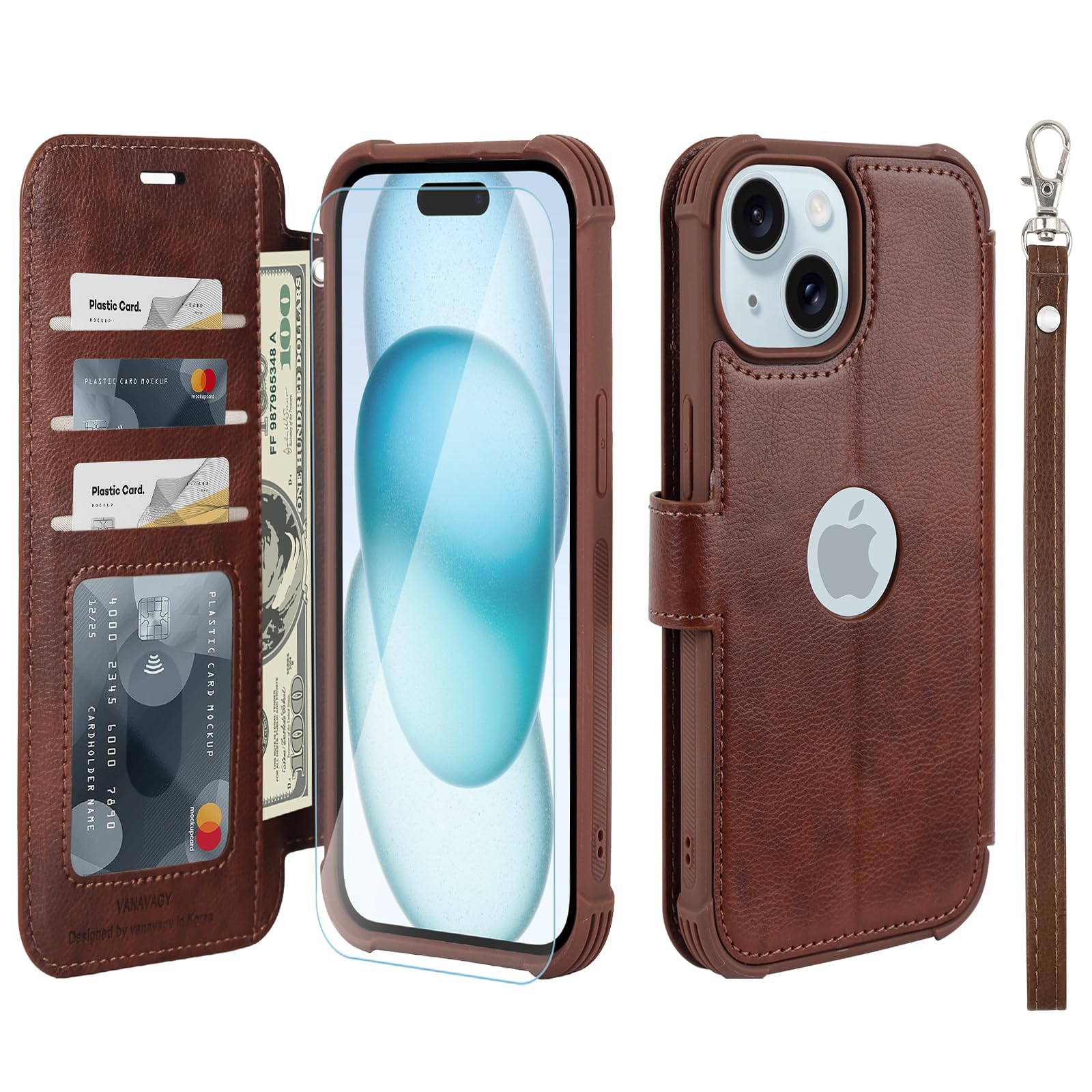 VANAVAGY Compatible for iPhone 15 Plus/14 Plus Wallet Case, 12ft Drop Protection, RFID Blocking PU Leather Flip Cover, Card Holder & Kickstand, Shockproof Phone Case,Brown