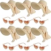 Jeyiour 12 Pcs Women Floppy Sun Hat and Heart Sunglasses Set, Wide Brim Straw Hats with Bow, Tea Party & Beach Pool Favors