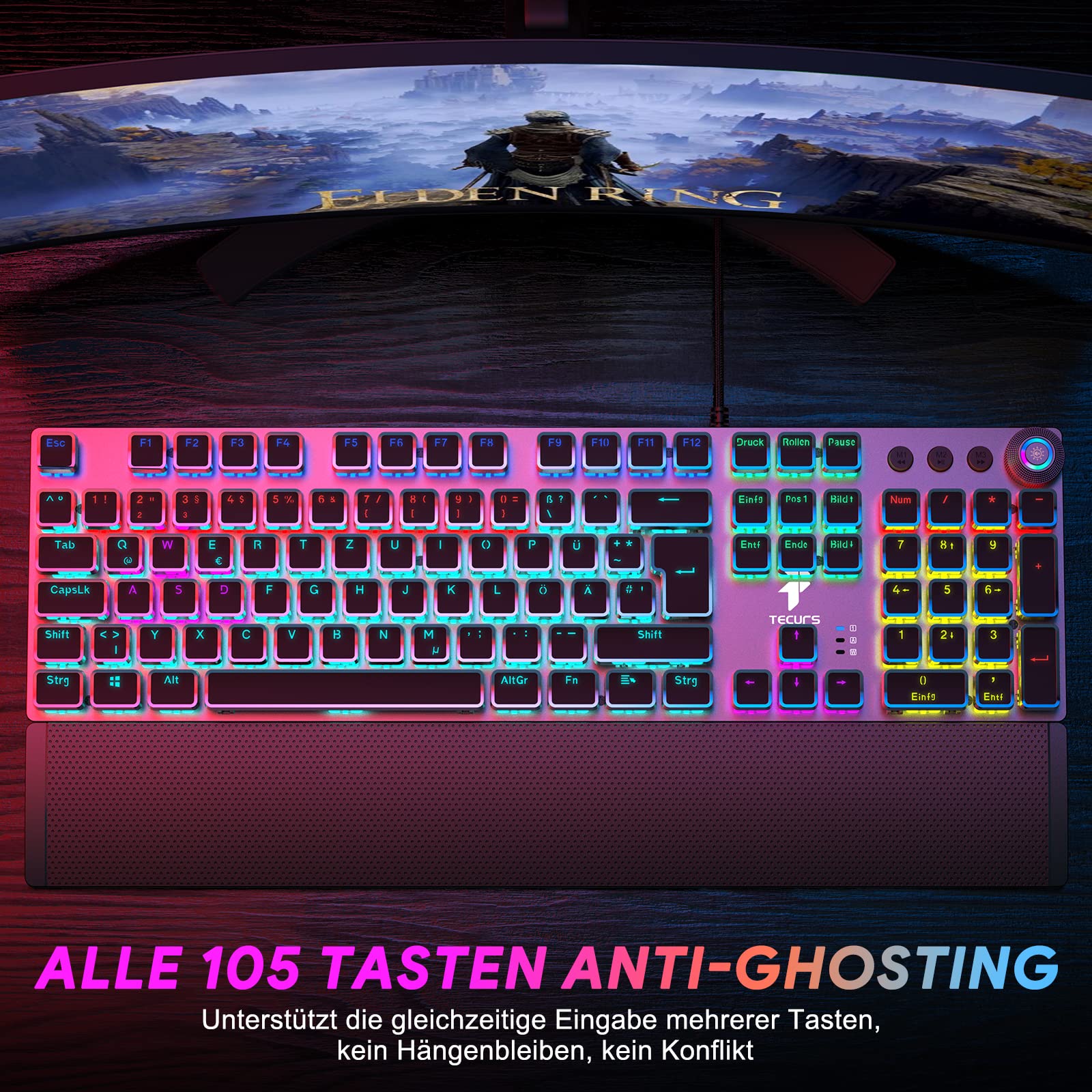 TECURS MK205 Mechanische Gaming-Tastatur, 105 Tasten, RGB, Rote Switches 6