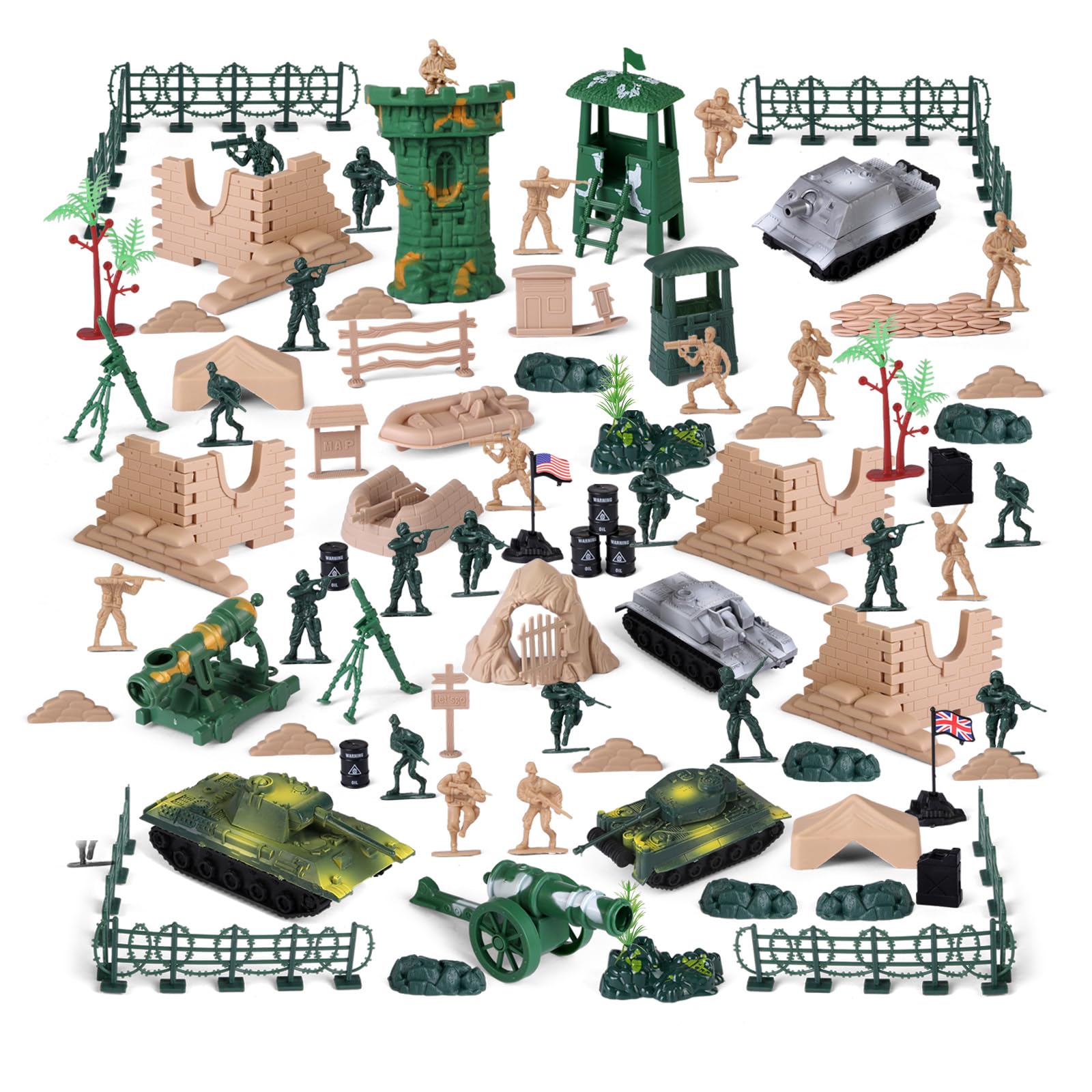 Boderam 100PCS Military Soldier Figures Toys Army Men Base Set Including Plastic Army Men Action Figures and Accessories with Handbag for Kid Boy Girl Toddler