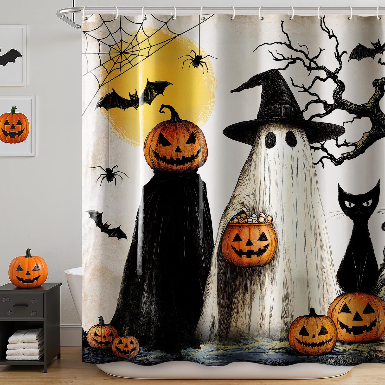 Photo 1 of Halloween Fall Shower Curtain: Rustic Witches Ghosts Pumpkins Black Cat Halloween Shower Curtain Set with Hooks, Fabric Cute Bathroom Decorations for Window Home Farmhouse Indoor Decor, 72' x 72'