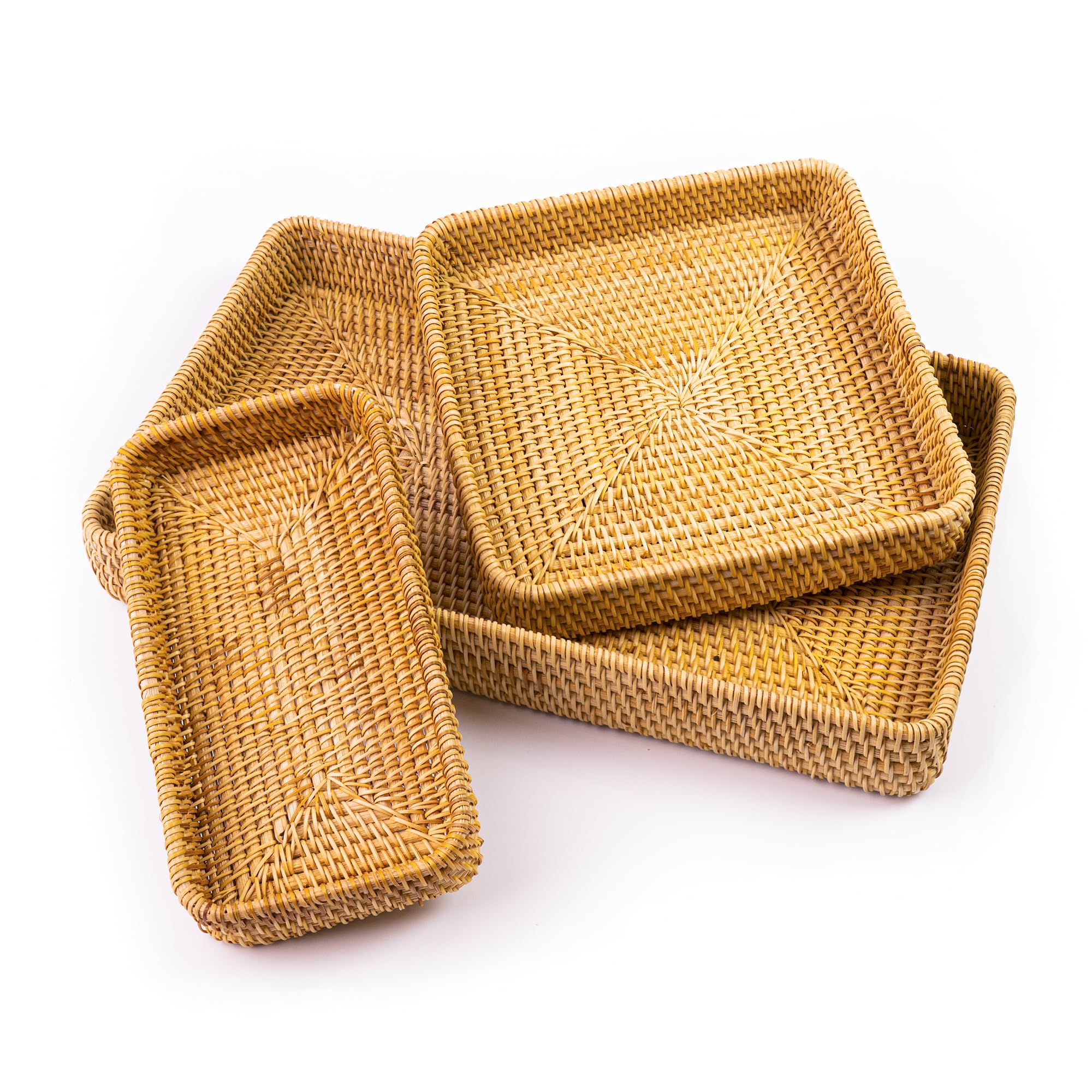 Photo 1 of Handmade Rattan Serving Trays, Set of 3, Woven Rectangular Storage Baskets