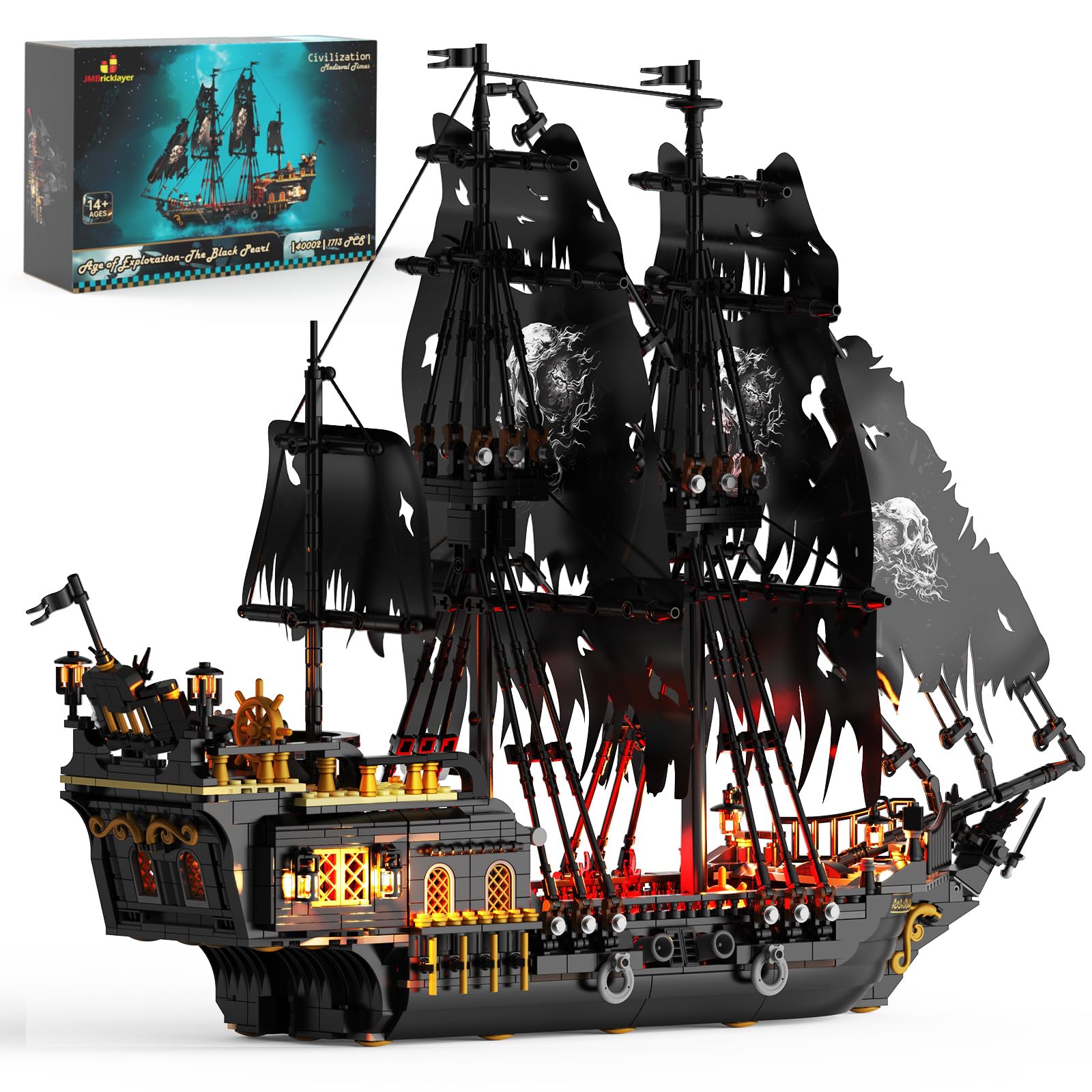 JMBricklayer Piratenschiff Bauspielzeug mit Lichtern, Großes Pearl Piratenschiff Modellboot Klemmbausteine 40002, Aufregende Seeschlachten und Fluch des Untodes, Erwachsene Jungen Mädchen(1713 PCS)