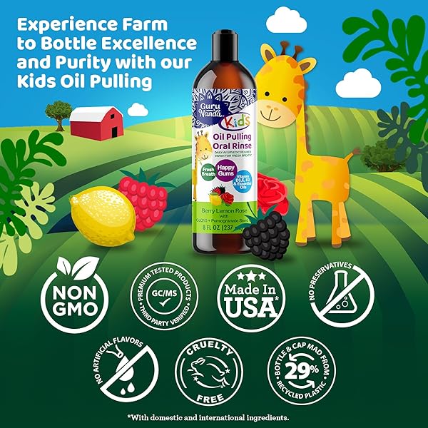 GURUNANDA KIDS OIL PULLING, ALCOHOL-FREE MOUTHWASH, ESSENTIAL OILS & VITAMINS FOR FRESH BREATH & HAPPY GUMS FOR AGES 6 & UP, NATURAL BUBBLE BERRY, 8 OZ