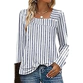 OFEEFAN Long Sleeve Shirts for Women Fall Clothes Asymmetric Square Neck Tunic Tops Decorative Buttons