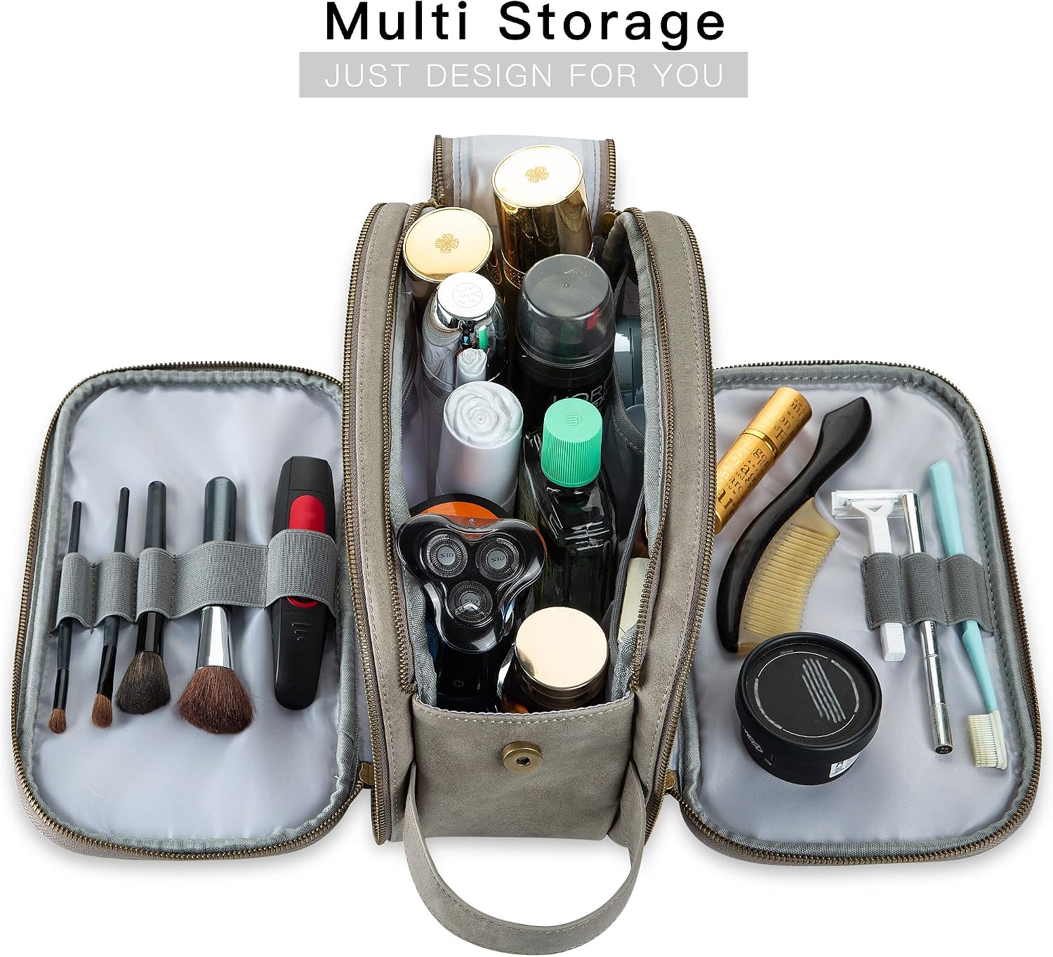 Water-Resistant Leather Toiletry Bag for Men Women Large Travel Wash Bag Shaving Dopp Kit Bathroom Gym Toiletries Makeup Organizer with Free Wet Dry Bag (Grey) - Image 5