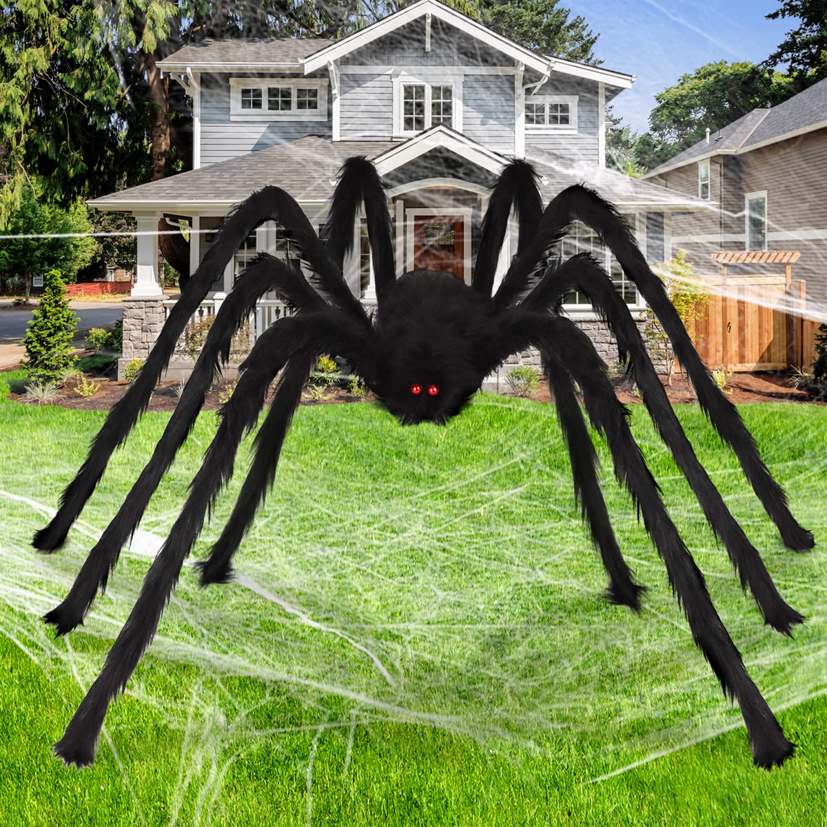 Photo 1 of Aitey 8.5 FT Giant Spider Halloween Decorations, Outdoor Halloween Decoration Scary Fake Spider for Yard House Party Supplies Creepy Decor Black