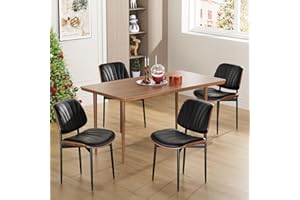 REONEY Dining Chairs Set of 4, Mid-Century Modern Upholstered PU Leather Chairs with Walnut Bentwood Back and Metal Legs Adjustable Feet for Kitchen Dining Room, Black Shell Strips