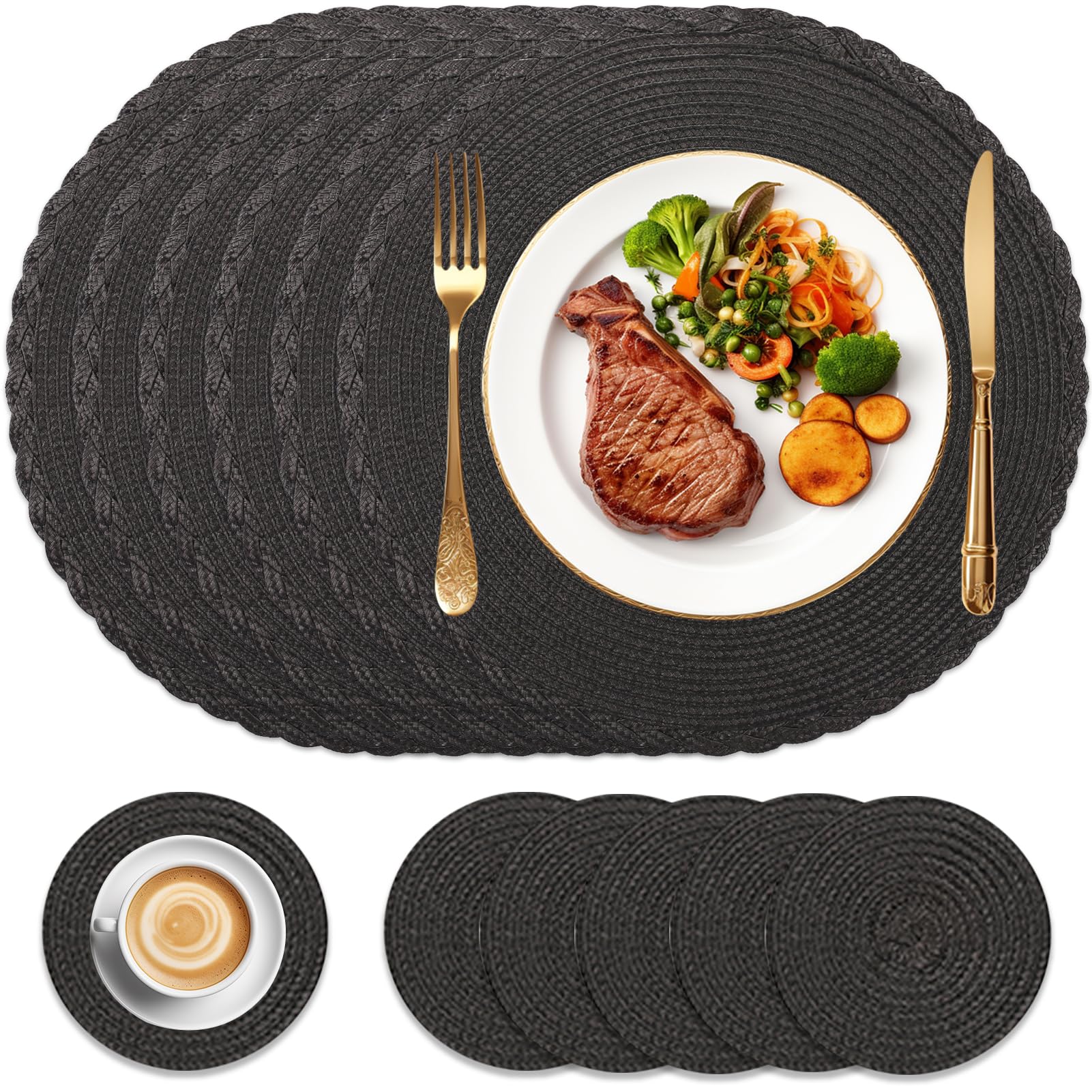 HEYOMART Round Placemats and Coasters Set of 6, Braided Woven Placemats Washable Heat Resistant Table Mats for Kitchen Dining Table Home Restaurant, Black