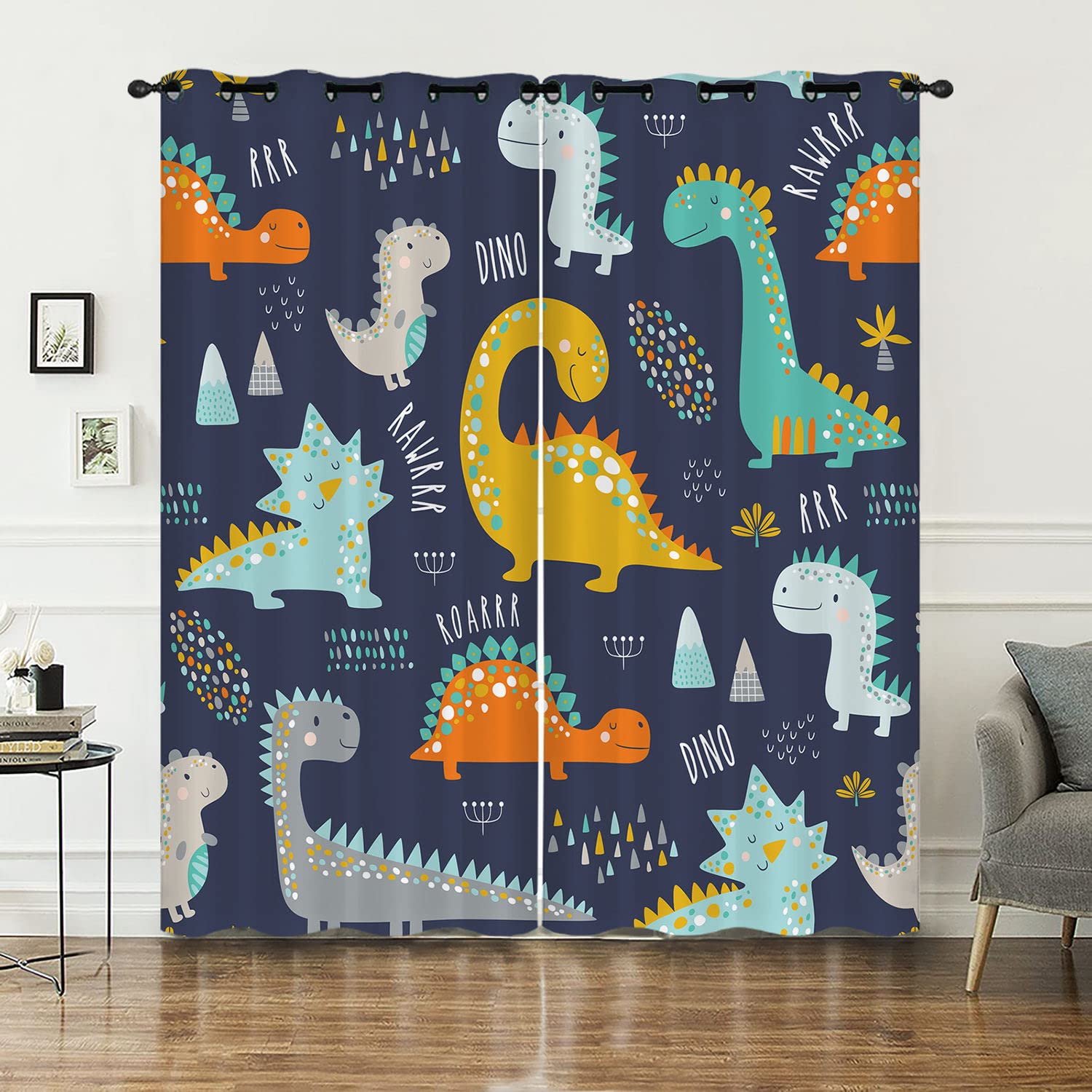 HOSIMA Curtains Blackout Eyelet for Boys and Girls Soft Breathable Cartoon Dinosaurs Print Curtains 2-piece Set Suitable for Young People's Bedroom Living Room Decoration(Dinosaurs,168x183)
