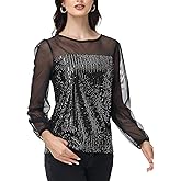 Anna-Kaci Women's Long Sleeve Sequin Blouse Sheer Mesh Top Sparkly Shirt for Holiday Party