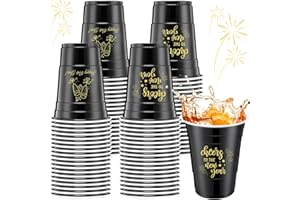 Potchen 50 Pcs 2026 New Year Disposable Cups 16oz Plastic Party Cups Black Happy New Years Eve Reusable Drinkware for Winter Party Holiday Drinks Decorations Toss Game Supplies
