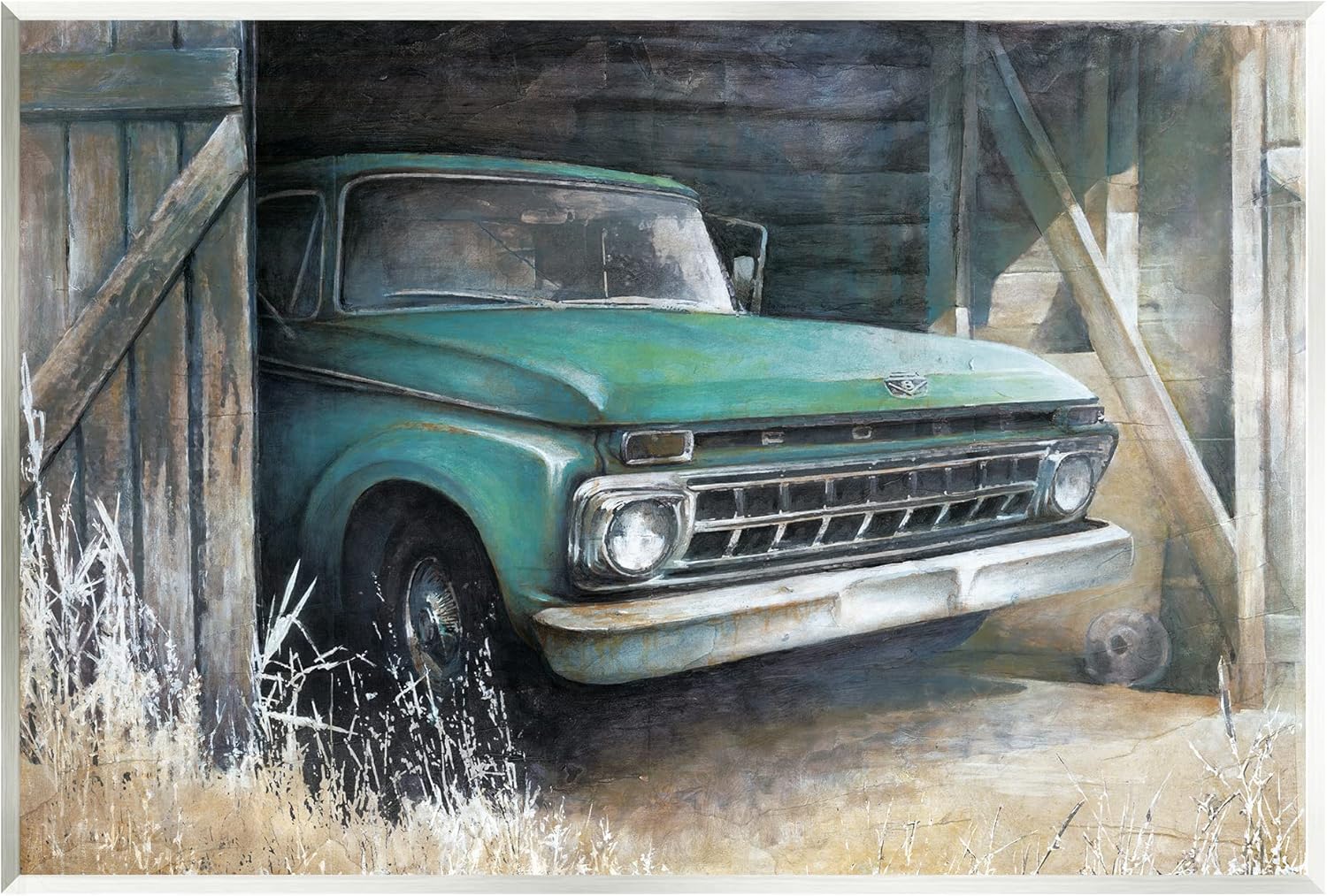 Paintings - Stupell Industries Weathered Country Barn Vintage Green Pickup Truck Wood Wall Art, Design By White Ladder