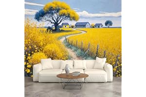 Custom Size Wall Murals,Country Scenery - Yellow Canola Fields Farmhouse, Painting,Self-Adhesive Wall Fabric (NO PVC),Removab