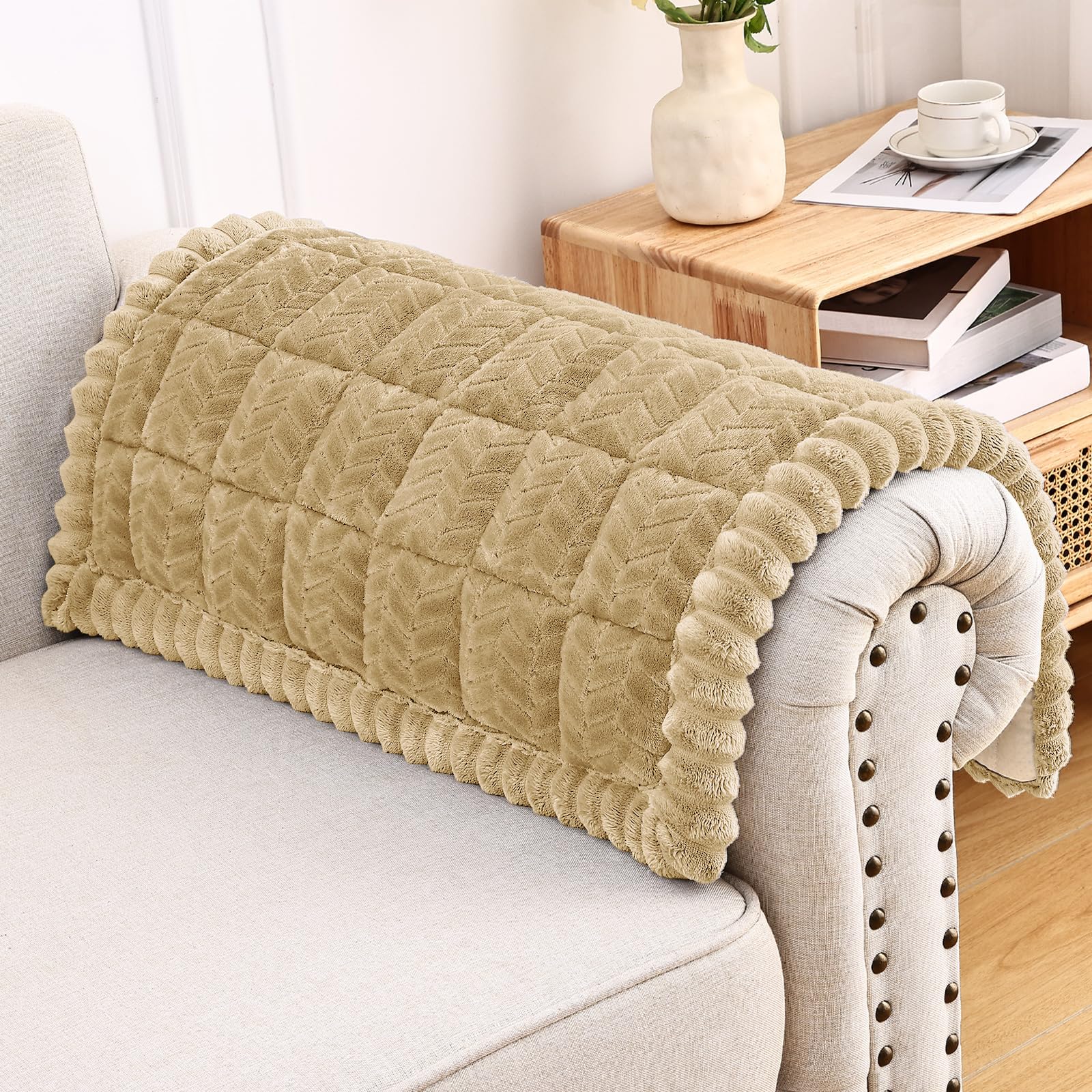 Smiry Non Slip Couch Armrest Covers for Dogs, Fuzzy Pet Couch Arm Covers for Sofa Pet Friendly, Soft Sofa Slipcovers Recliner Chair Arm Protector Washable (Khaki, 27.6" x 27.6")