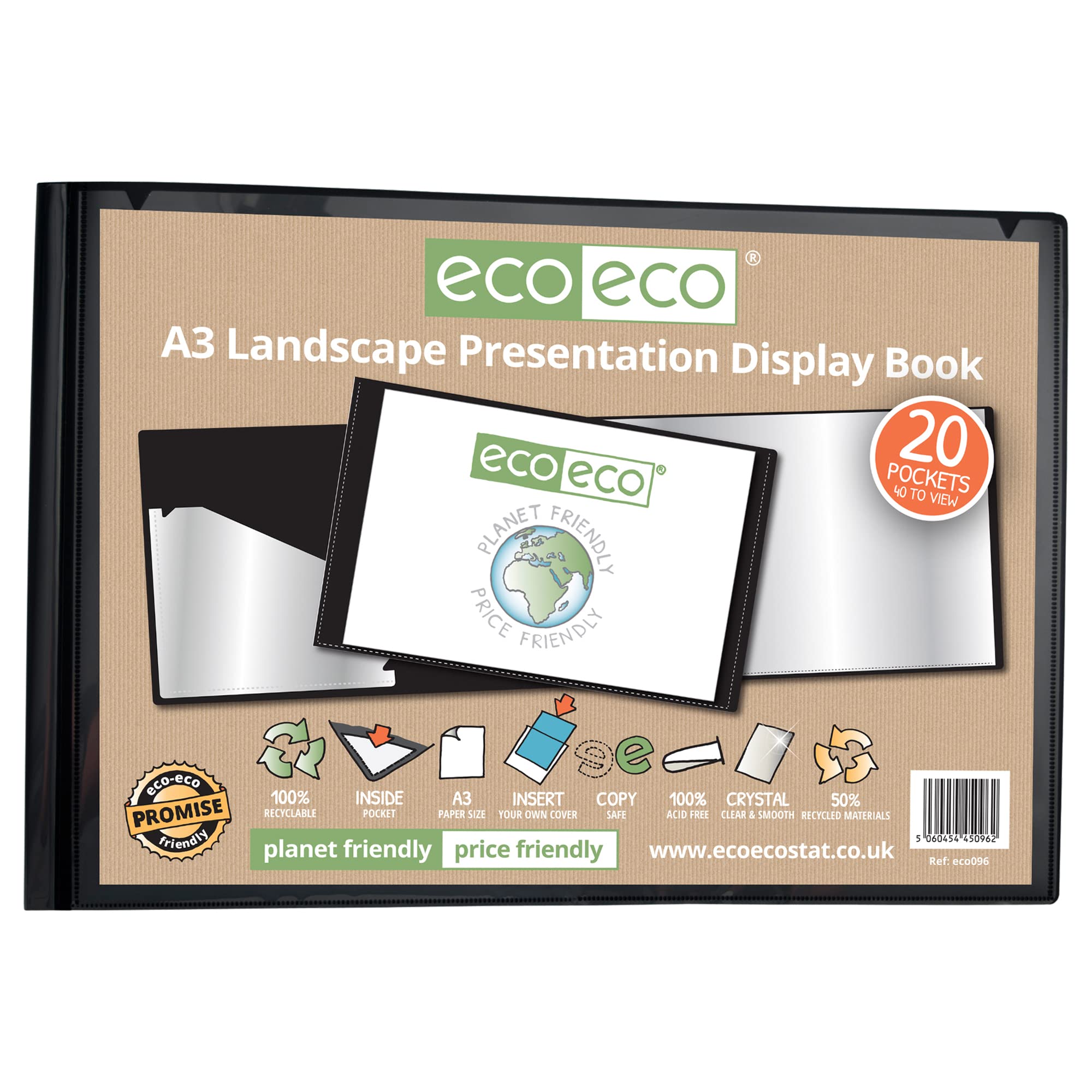 eco-eco A3 50% Recycled 20 Pocket Black Landscape Presentation Display Book, Storage Case Portfolio Art Folder with Plastic Sleeves, eco096