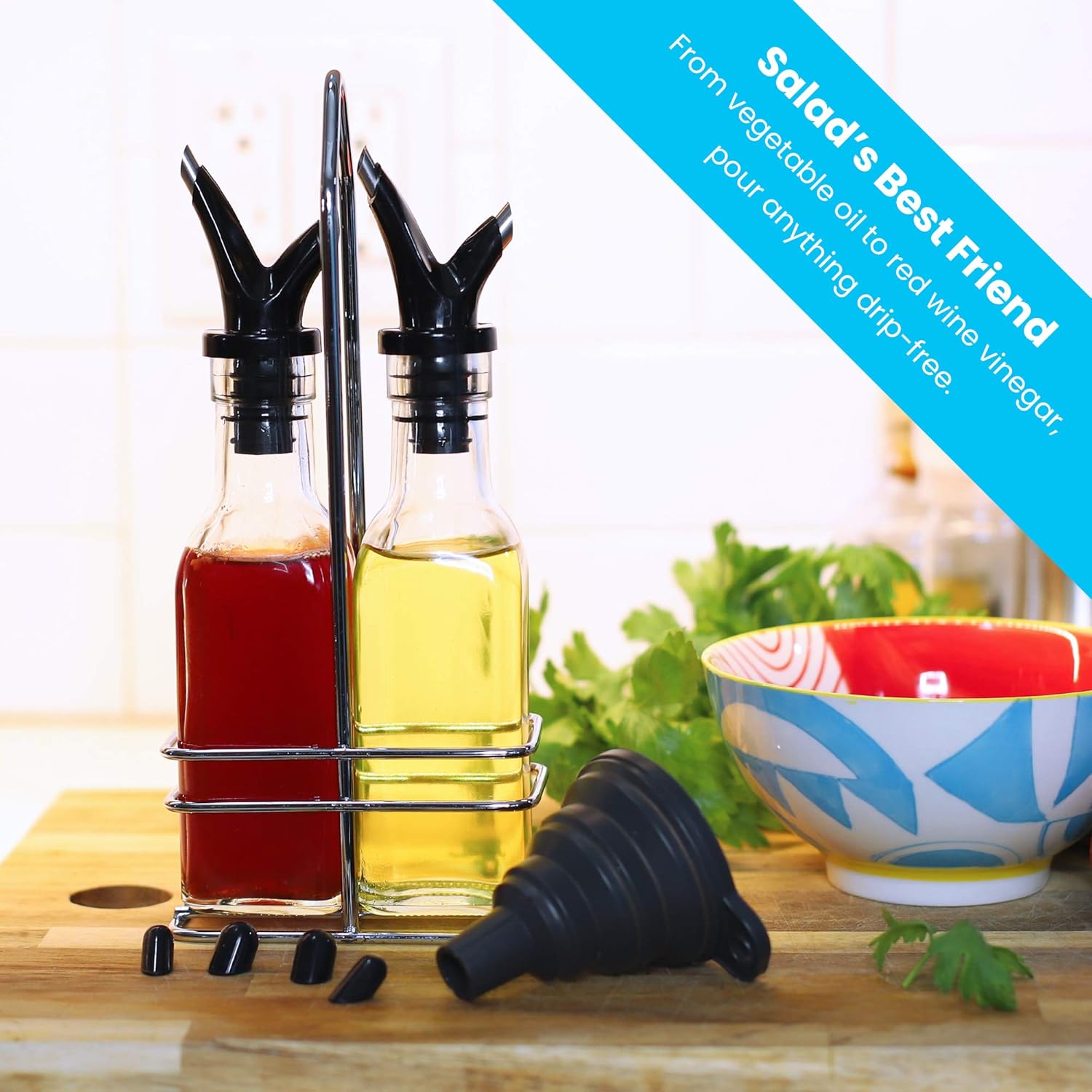 Zeppoli Oil and Vinegar Bottle Set 5oz [2-Pack] - Comes with Stainless Steel Rack, Removable Cork, Funnel, and Spout Caps - Dual Cork Spout - Glass Olive Oil Dispenser Set: Kitchen & Dining