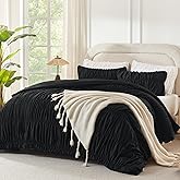 Andency Ruched Black Queen Comforter Set, Shabby Chic Pleated Bedding Sets 3 Pieces, Lightweight Soft Boho Ruffle Bed Set for Girls, Kids, Women, All Season