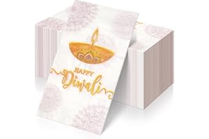 RAGNHILD 100 Pcs Happy Diwali Paper Napkins Decorations, Diwali Deepawali Festival of Lights Decorative Paper Napkins, Disposable Cocktail Napkins for Diwali Light Festival Indian Party Supplies Decorations