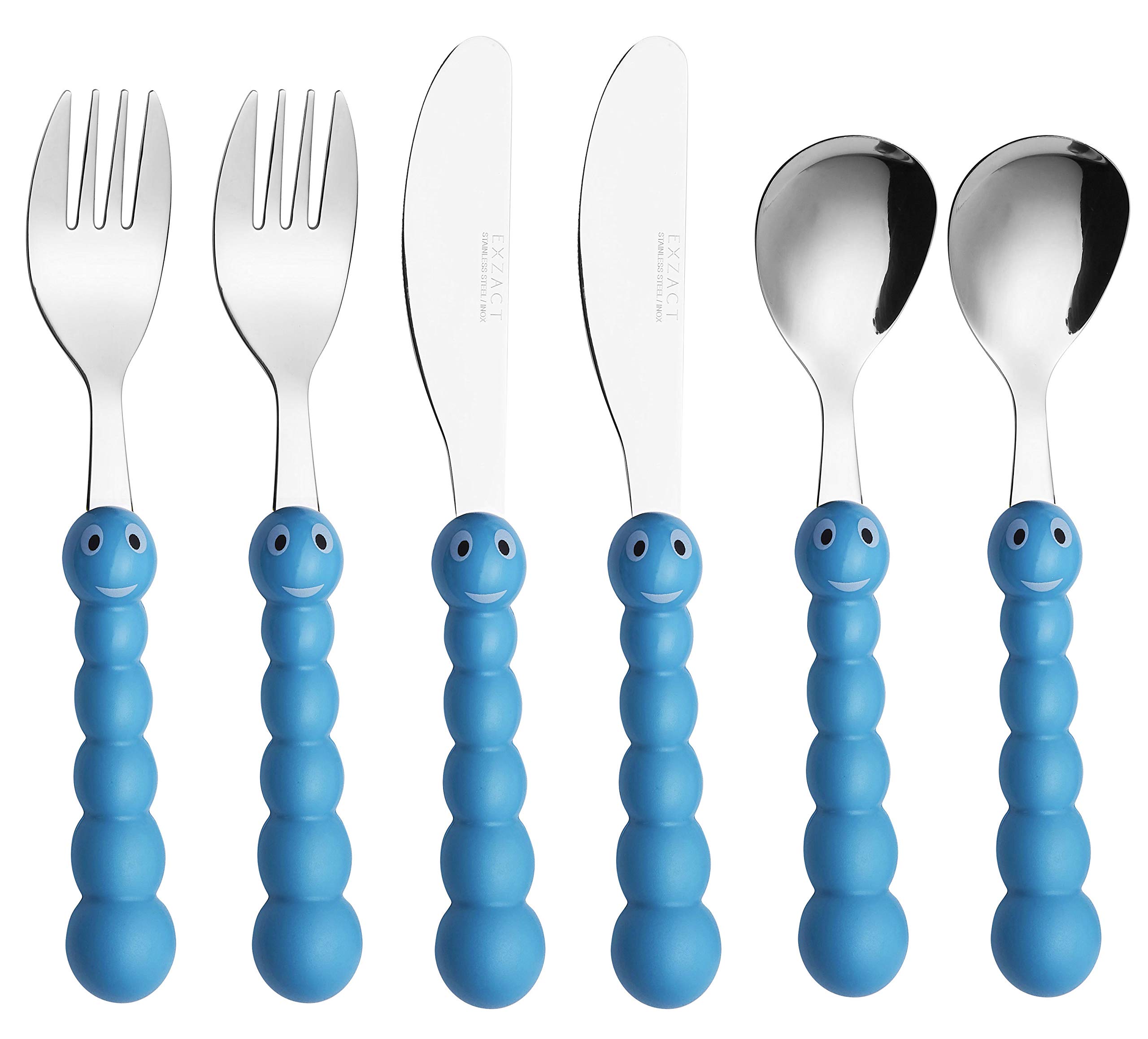 Exzact Children Cutlery 6pcs Stainless Steel, Kids Toddler Silverware- 2 x Forks, 2 x Dinner Knives, 2 x Dinner Spoons - BPA Free, Dishwasher Safe (Caterpillar x 6)