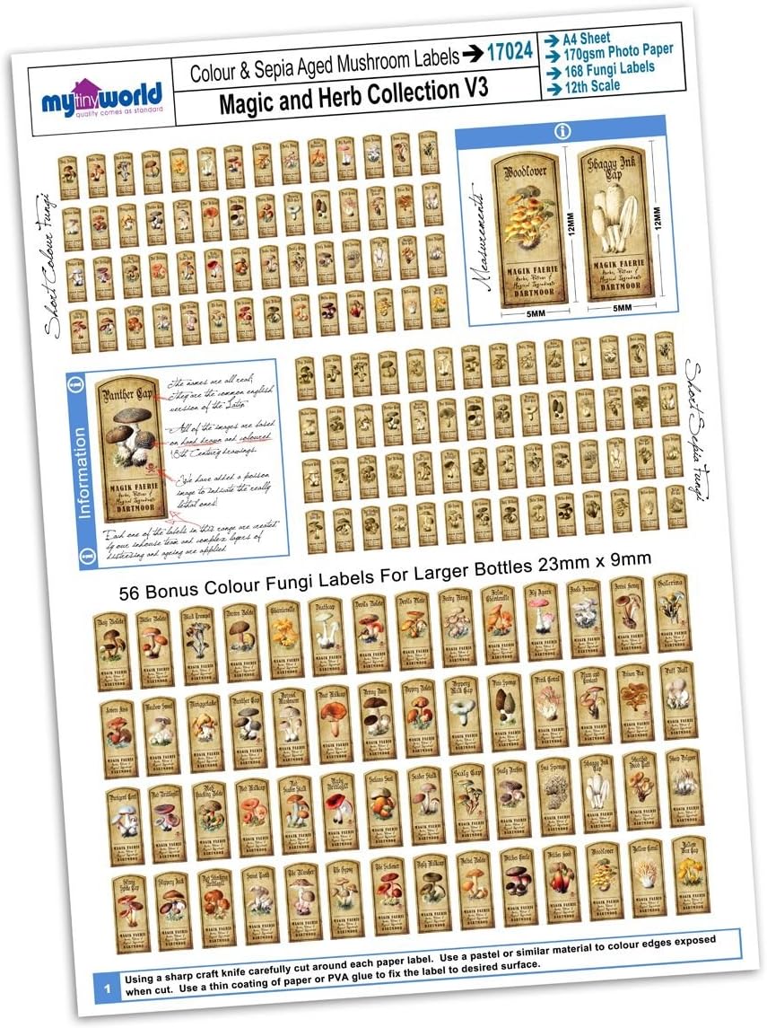 MyTinyWorld Dolls House Full Set of 168 Color And Sepia Fungi Label A4 Value Sheet, Small