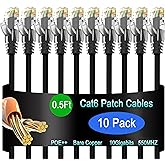 Cat6 Ethernet Patch Cable 0.5 ft (10 Pack), Cat6 Patch Cable for Data Centers, Cat 6 Patch Cable 10G, Network Patch Cables fo