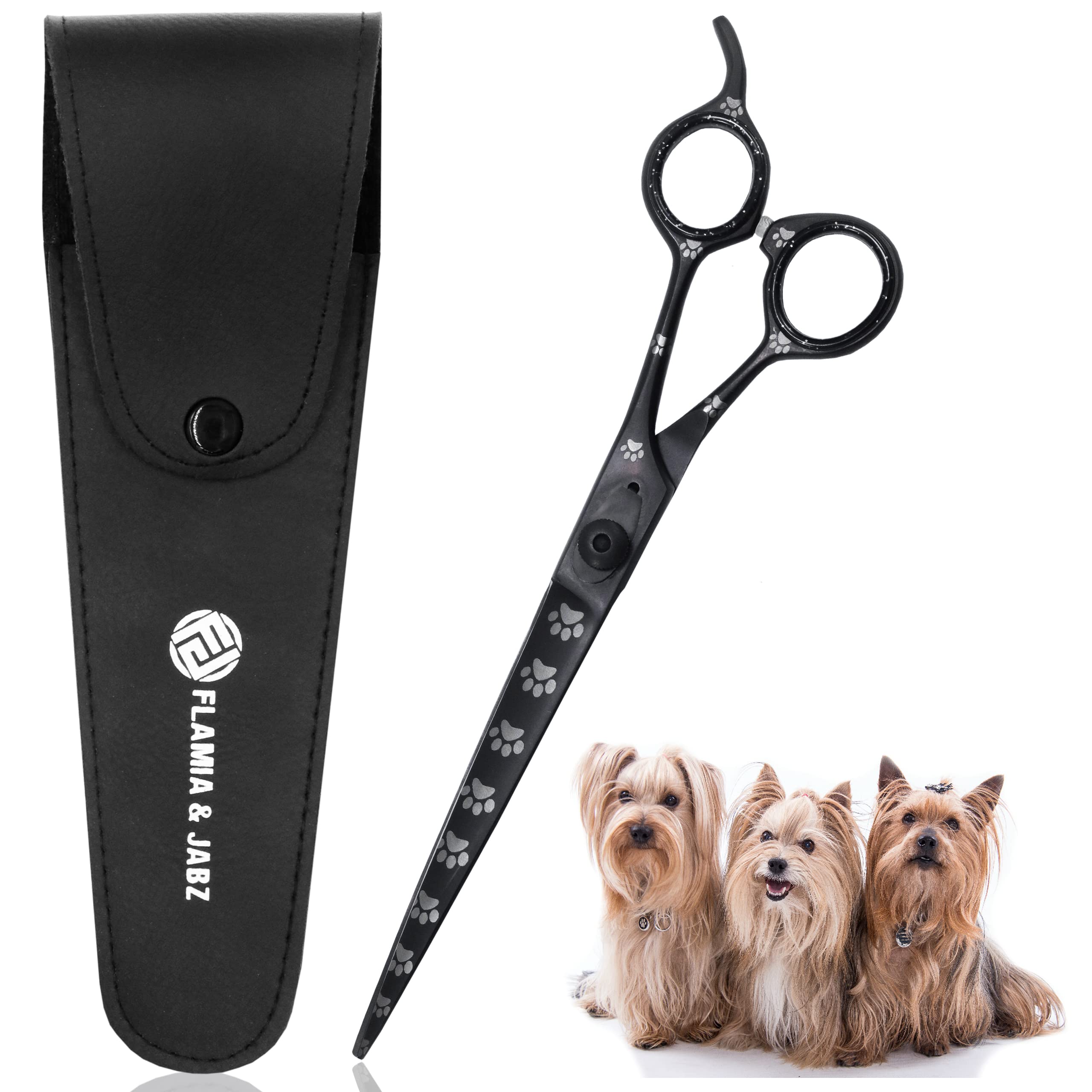Professional Dog Grooming Scissors/Shears, Straight, with Paw Prints for Dogs, Cats & Pets (Right Handed, Black, Stainless Steel 8 Inch)