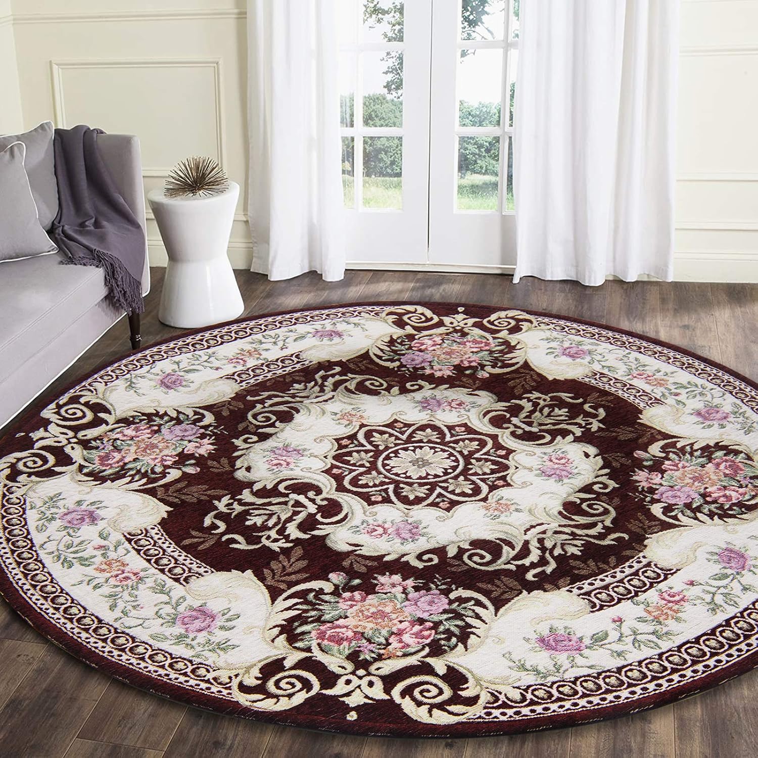 Hihome NonSlip Round Area Rugs 4ft Vintage Medallion Area Rug Oriental Floral Area Rug Stain