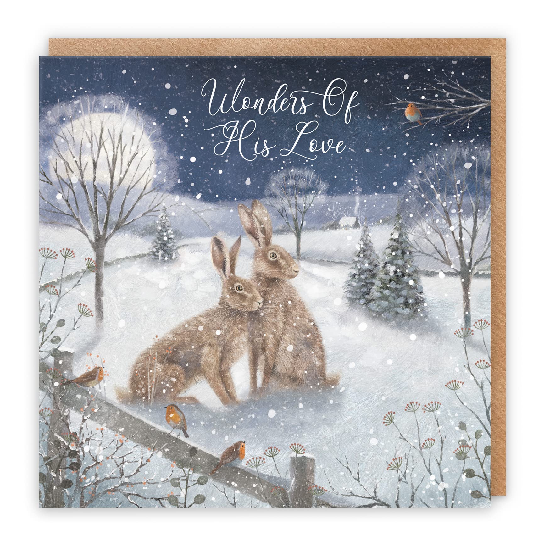 Hunts England - Individual Christian Religious Christmas Card - Wonders Of His Love - 'Snowy Hares' - Milo's Gallery Collection - May God Bless You At Christmas Time And Always