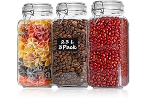 ComSaf Glass Food Storage Jar with Airtight Lid 2.3L/78OZ Set of 3, Storage Canister Container Square with Clear Preserving S