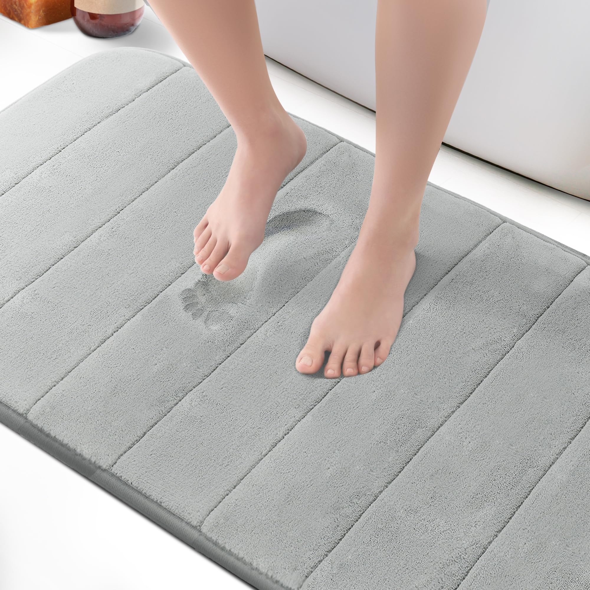 KEPLIN Memory Foam Bath Mat (Light Grey- 60 x 90cm), Ultra-Soft, Absorbent & Non-Slip Bathroom Mat, Machine Washable, Large Black Bathroom rug for Bath & Toilet Floors
