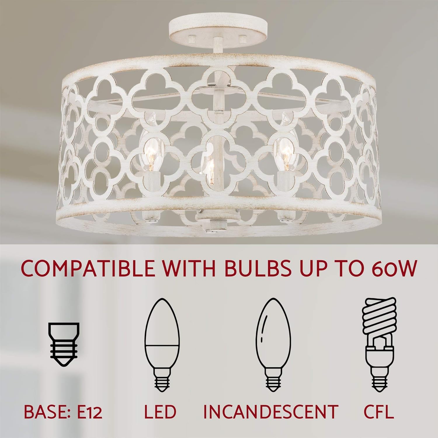 Kira Home Sutton 16" 3-Light Modern Semi-Flush Mount Ceiling Light, Metal Drum Shade, Antique White Finish - - 