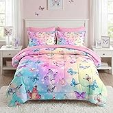 Pamnest Comforter Set Twin Size, Pink Blue Butterfly 5 Pcs Bedding for Kids and Adults, Purple Colorful Rainbow Bed Sheet Sets with Fitted Sheet Pillowcase & Sham for Bedroom Bed Decor