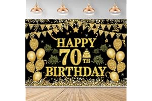 MDCGFOD 70th Birthday Decorations Happy 70th Birthday Banner for Men Women Black Gold 70 Years Birthday Party Decorations Background for Home Birthday Decor(71 x 45 inch)