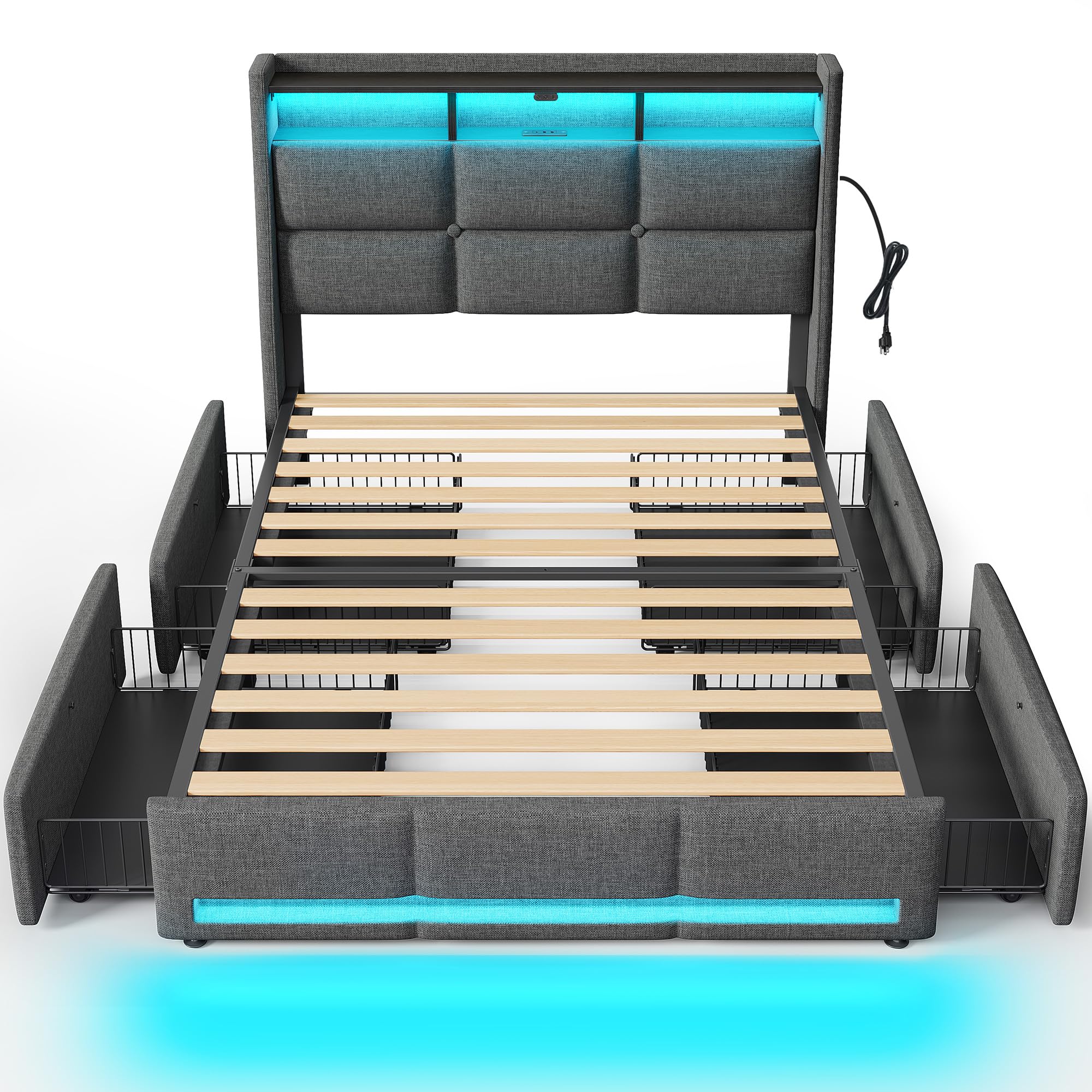 Rolanstar Twin Size Bed Frame with RGB LED Lights & Charging Station, Upholstered Storage Headboard with 4 Drawers, Heavy Duty Metal Frame, No Box Spring Needed, Easy Assembly, Light Grey Image