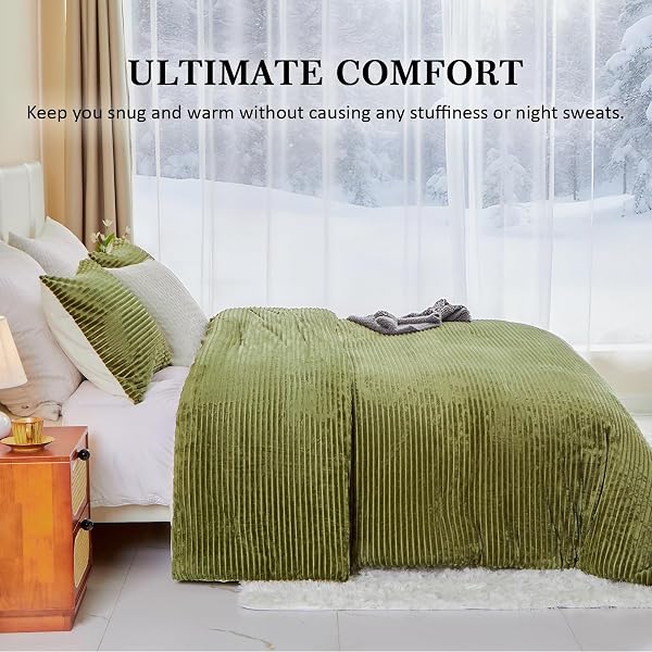 FLUFFY VELVET COMFORTER SET KING 3 PIECES – SUPER SOFT & FUZZY OLIVER GREEN COMFORTER SET FOR WINTER WARM FLEECE BEDDING, 1 LUXURY COZY FAUX FUR DOWN ALTERNATIVE COMFORTER WITH 2 PILLOW CASES