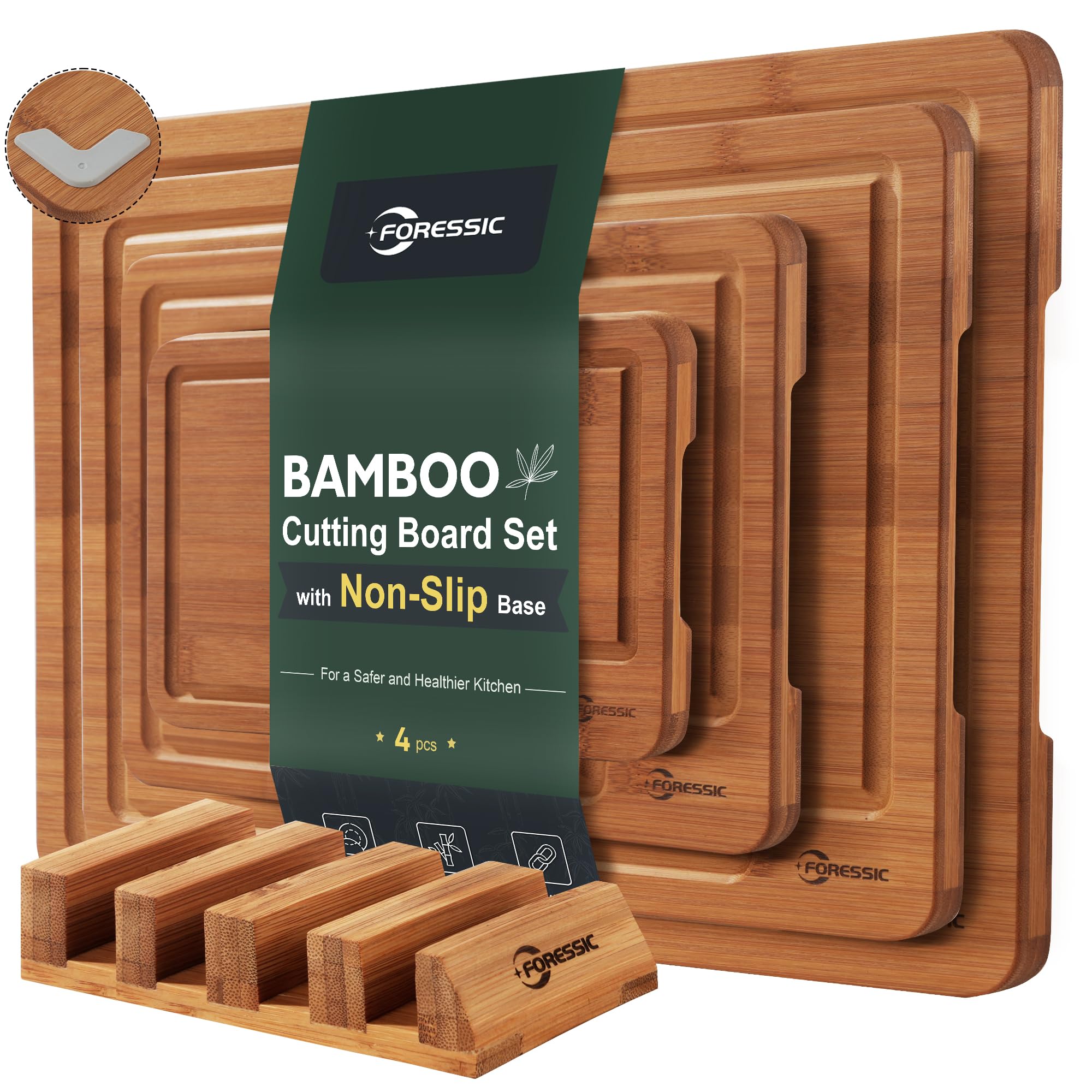 Photo 1 of **LARGE BOARD DAMAGED (CUT INTO)/ MISSING STAND*** Wood Cutting Board Carbonized Bamboo Set With Smooth Surface Set 4 Packs with Non Slip Feet Holder and Over Sink Solid Thick Durable Wood Charcuterie Cheese Serving Tray Kitchen Gadgets (Carbonized)
