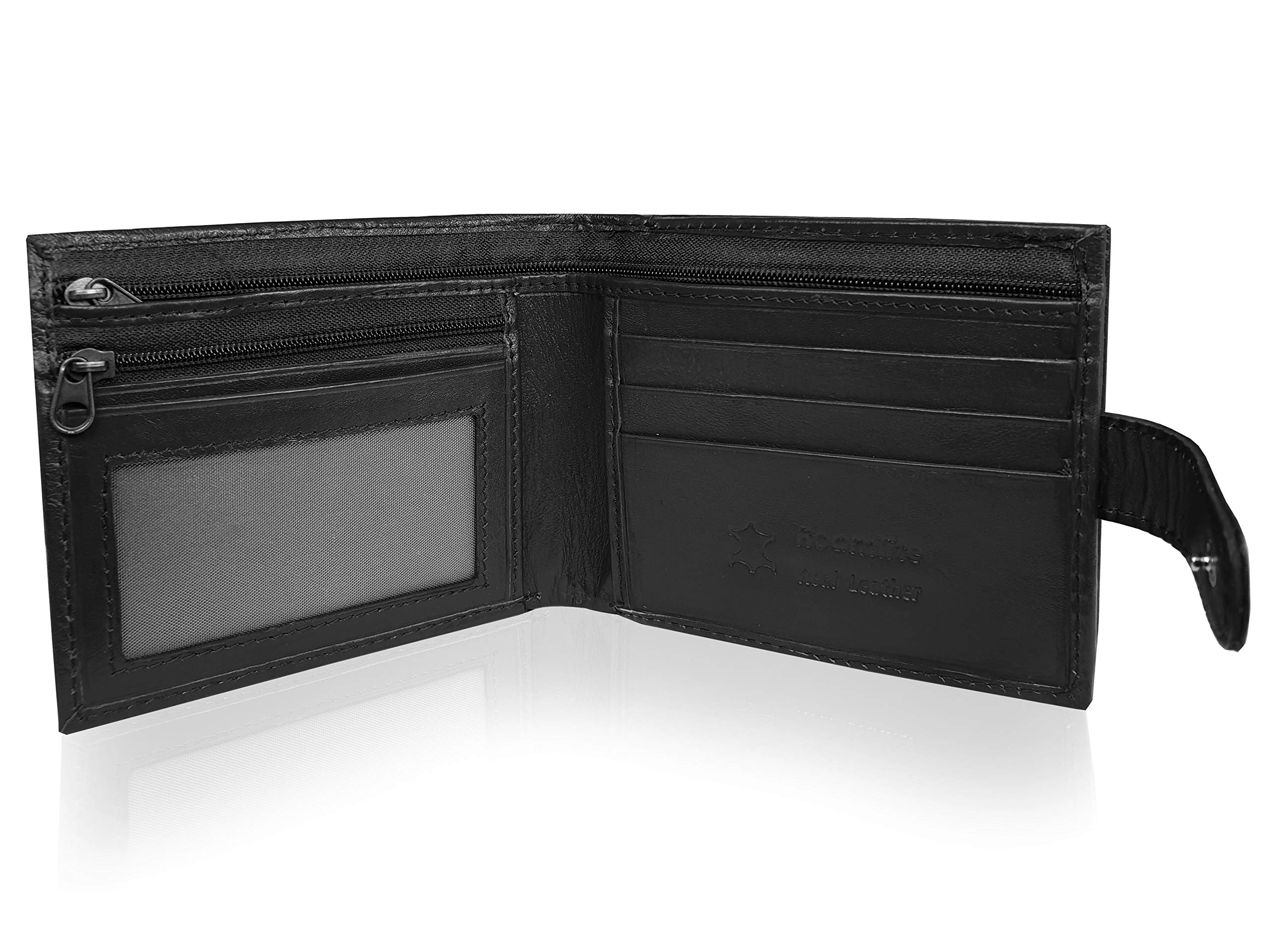 Roamlite Real Leather Mens Mans Wallet - Zipped Zip Up Bank Note Section - Rear Zip Around Separate Coins Pocket Pouch - 11cm x9cm x2cm - RL180KRFID (Black R*F*I*D Blocking)