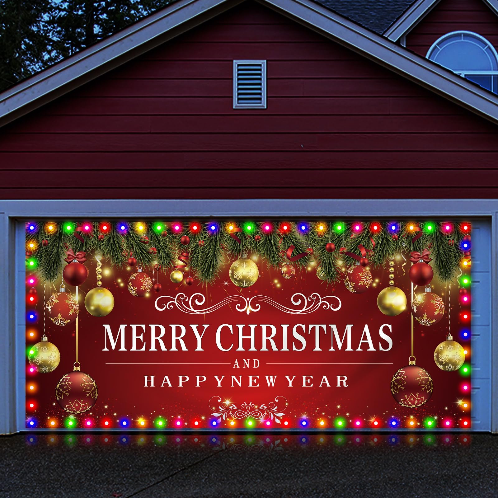 Photo 1 of VitalCozy Christmas Garage Door Cover with LED String Light 6x13ft Red Large Xmas Garage Door Banner Backdrop Decoration Outdoor Lighted Merry Christmas Happy New Year Holiday Party Mural Cover Decor