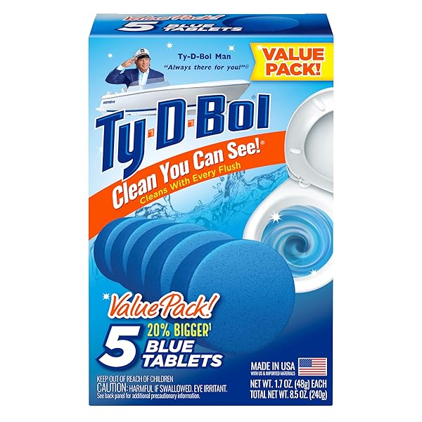 TY-D-BOL BLUE TABLETS VALUE 5 PACK, CLEANS AND DEODORIZER TOILETS FOR A FRESH SMELLING BATHROOM