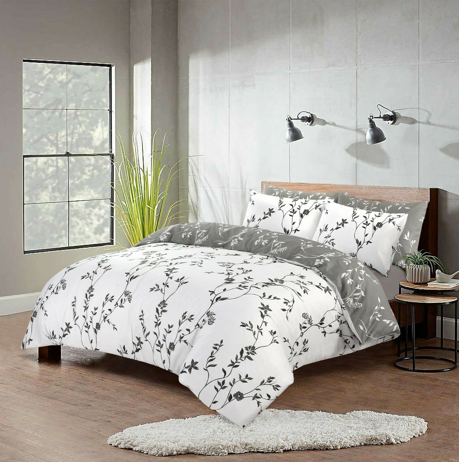 SeventhStitch Printed Floral Duvet Cover Set with Pillow Cases 100% Cotton White Grey Reversible Botanical Bedding Sets 200 Thread Count Quilt Covers (Super King, Floral Daisy) (FL-221)