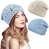 2 Pieces Floral Crochet Slouchy Beanie Hat Handmade Knit Cutout Women Floral Skull Cap Stretchy Knitted Crochet Hat for Women
