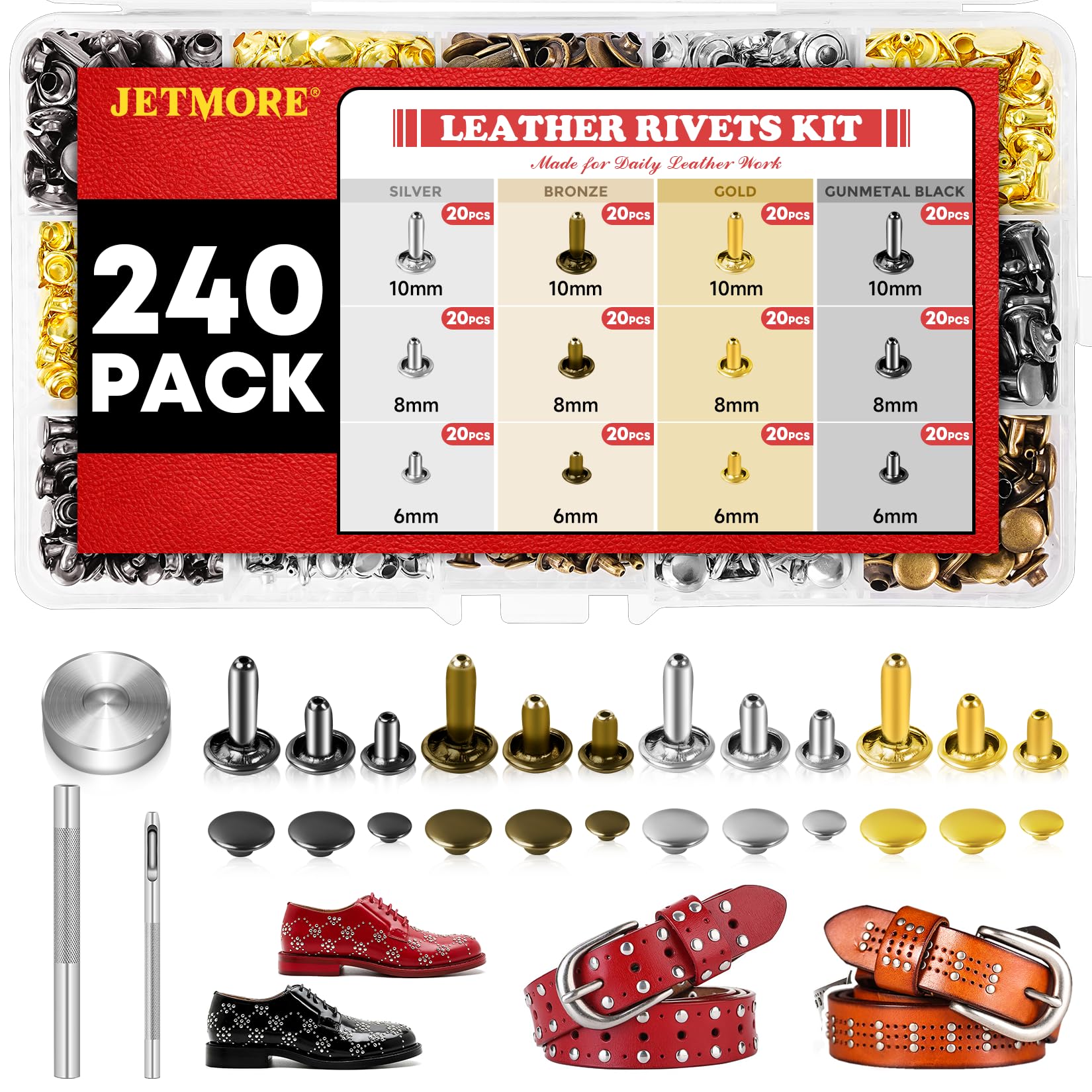 Photo 1 of 240 Sets Leather Rivets Kit, Double Cap Brass Rivets Leather Studs with 3PCS Setting Tools for Leather Repair and Crafts, 4 Colors and 3 Sizes
