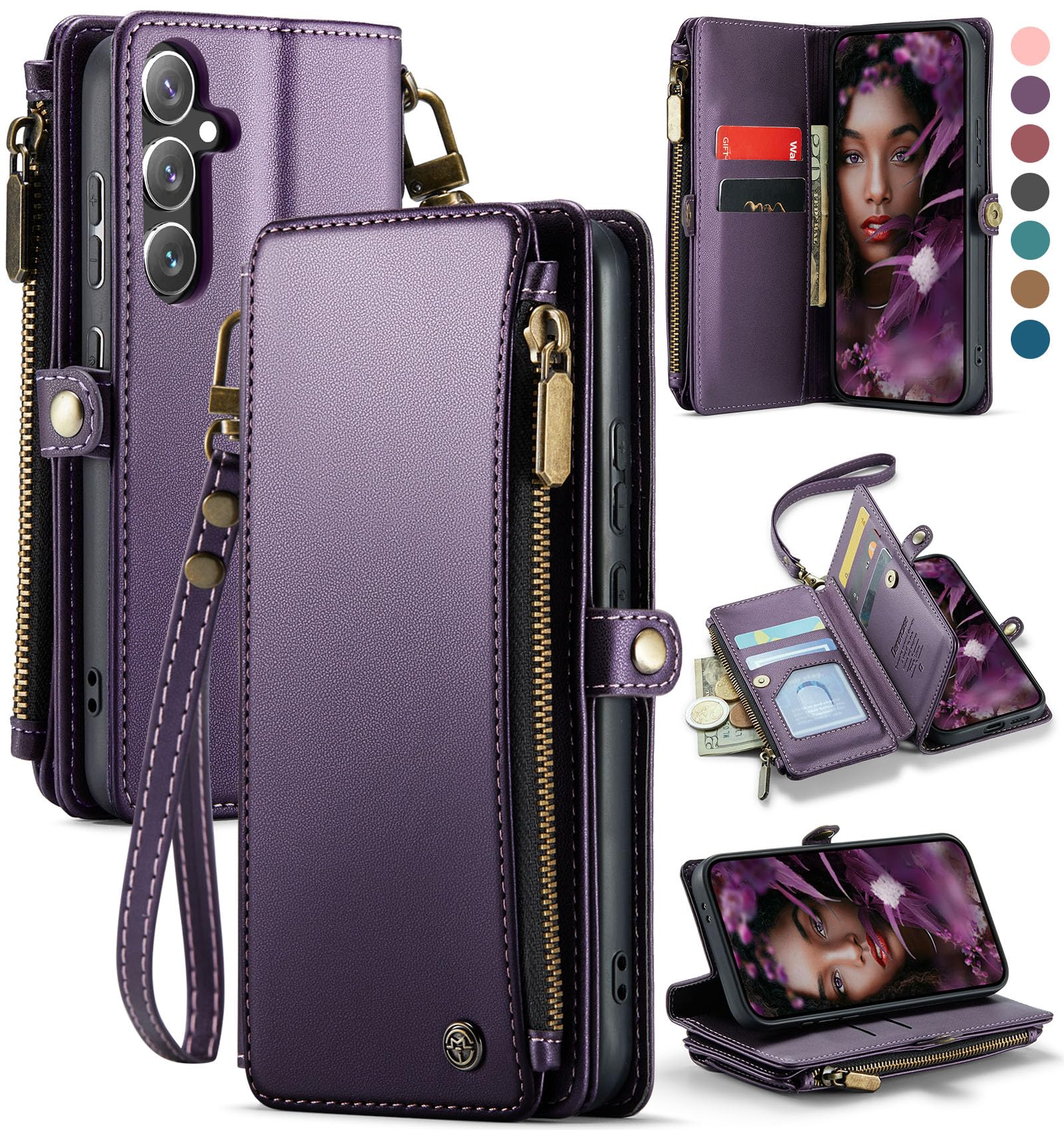 Photo 1 of Defencase Compatible with Samsung Galaxy S24 Case Wallet with RFID Blocking Card Holder for Women Men, Soft PU Leather Magnetic Snap Flip Zipper Strap Wallet Phone Case Fit for Galaxy S24 6.2", Purple