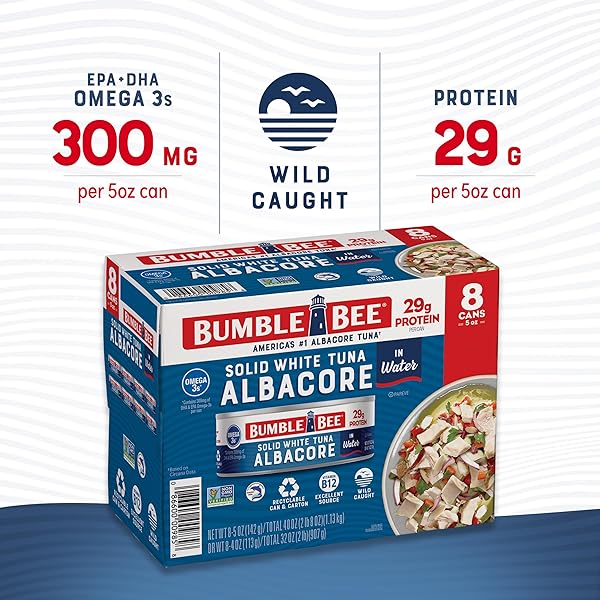 BUMBLE BEE SOLID WHITE ALBACORE TUNA IN WATER, 5 OZ CAN (PACK OF 8) – WILD CAUGHT TUNA – 29G PROTEIN PER SERVING, HIGH IN OMEGA-3S – NON-GMO PROJECT VERIFIED, GLUTEN FREE, KOSHER