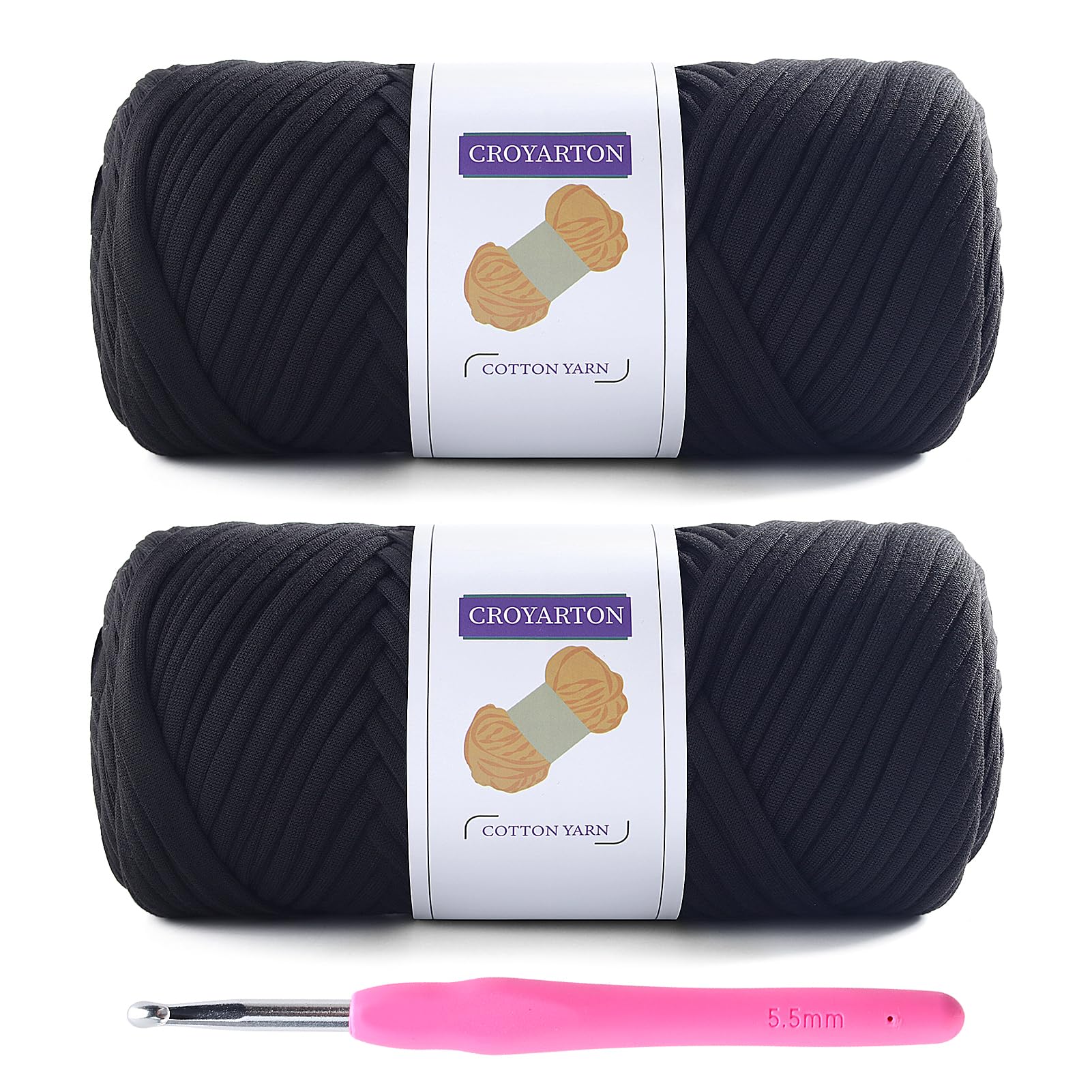 Photo 1 of 2 Pack T Shirt Yarn for Crocheting with 1 Crochet Hook, Elastic Tshirt Yarn for Crochet Bag/Baskets/Home Decor, Spaghetti Yarn Thick Knitting Yarn Total Length 130 Yds, Weight 14 Oz (Black)