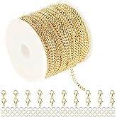 YOUBEIYEE 32.8 Feet Curb Cuban Chain for Jewelry Making, 18K Gold Plated Brass Chain Roll with Open Jump Rings and Lobster Clasps Necklace Bracelet DIY Jewelry Chains Bulk