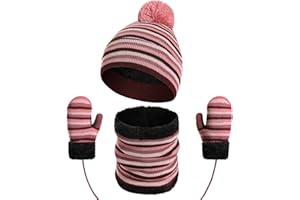 3Pcs Kids Winter Hat Gloves Scarf Set Thick Knitted Striped Pompom Beanie Mitten Neck Warmer for Girls Boys Children