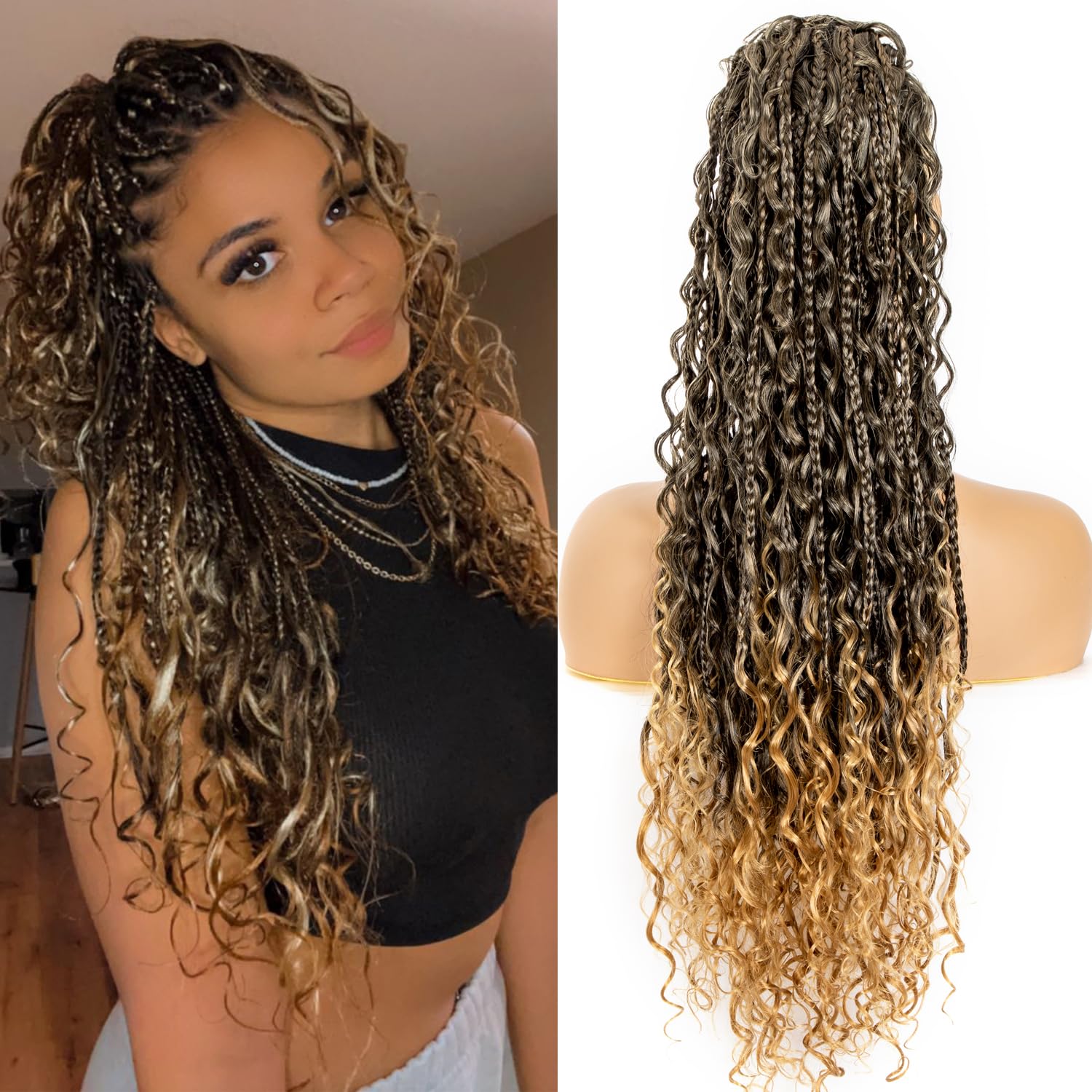 Photo 1 of Lovenea Drawstring Ponytail for Women 24 inch Boho Braids with Long Wavy Hair Clip in Synthetic Hair Extension for Daily Use (T1B/27#, 24 Inch)