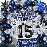 15th Birthday Decorations for Boys and Girls Dark Blue, HAPPY BIRTHDAY Banner Black Number 15 Balloons Tablecloth Foil Backdrop Star Balloons Garland Arch Kit-15 Years Old Birthday Party Supplies